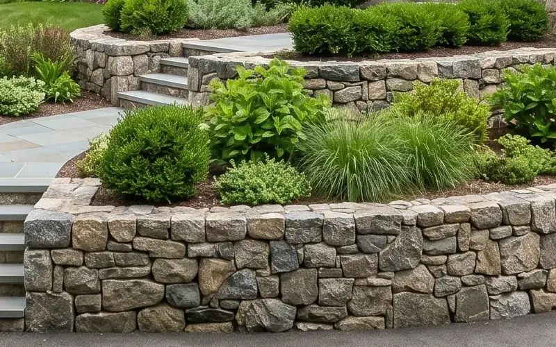 Natural stone retaining wall near Boston MA
